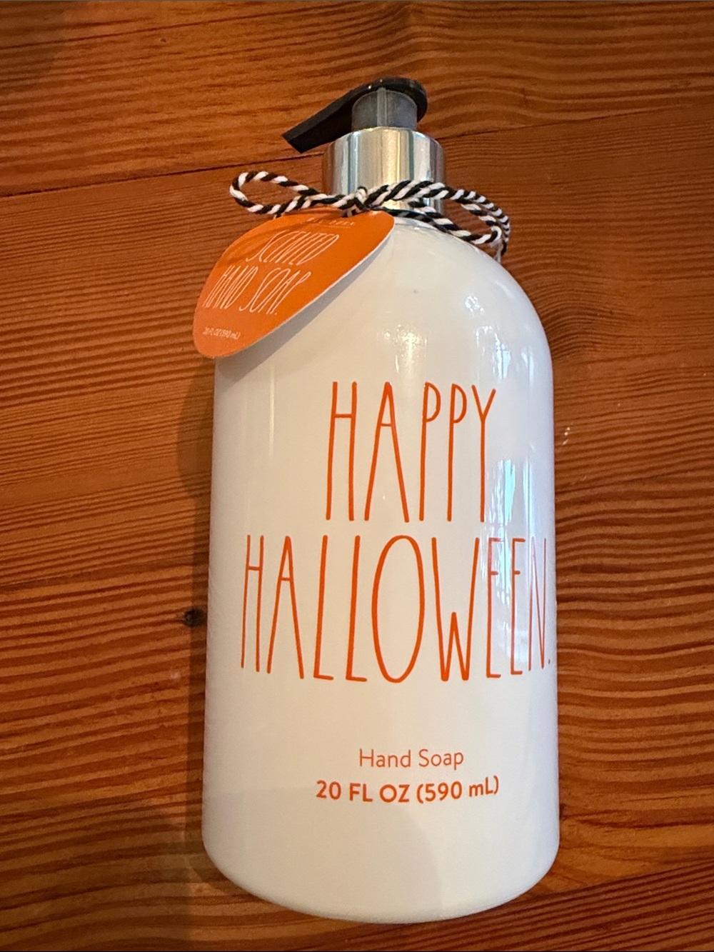 Rae Dunn White Hand Soap Bottle with Orange 'Happy Halloween' Lettering